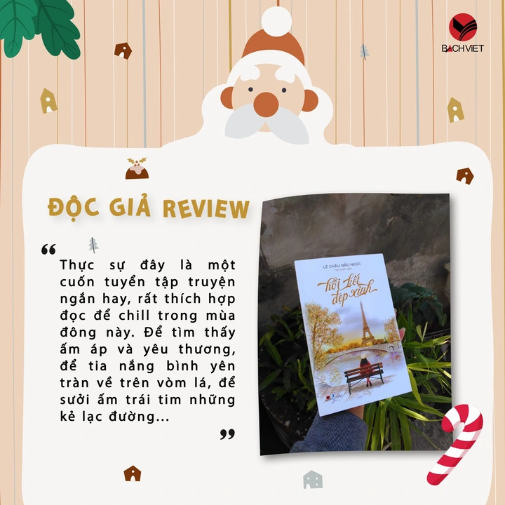 Bách Việt reader-review card for Hồi Kết Đẹp Xinh, with Vietnamese review text and a photograph of the book