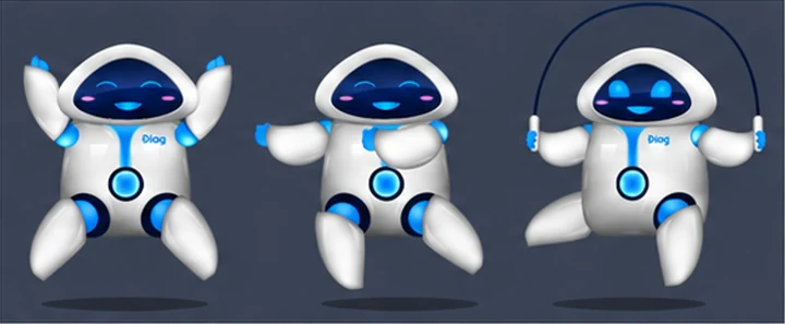 Three poses of Diag’s blue-and-white Lab Bot character
