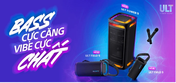 Sony ULT campaign visual showing the speaker line-up against a blue and purple background